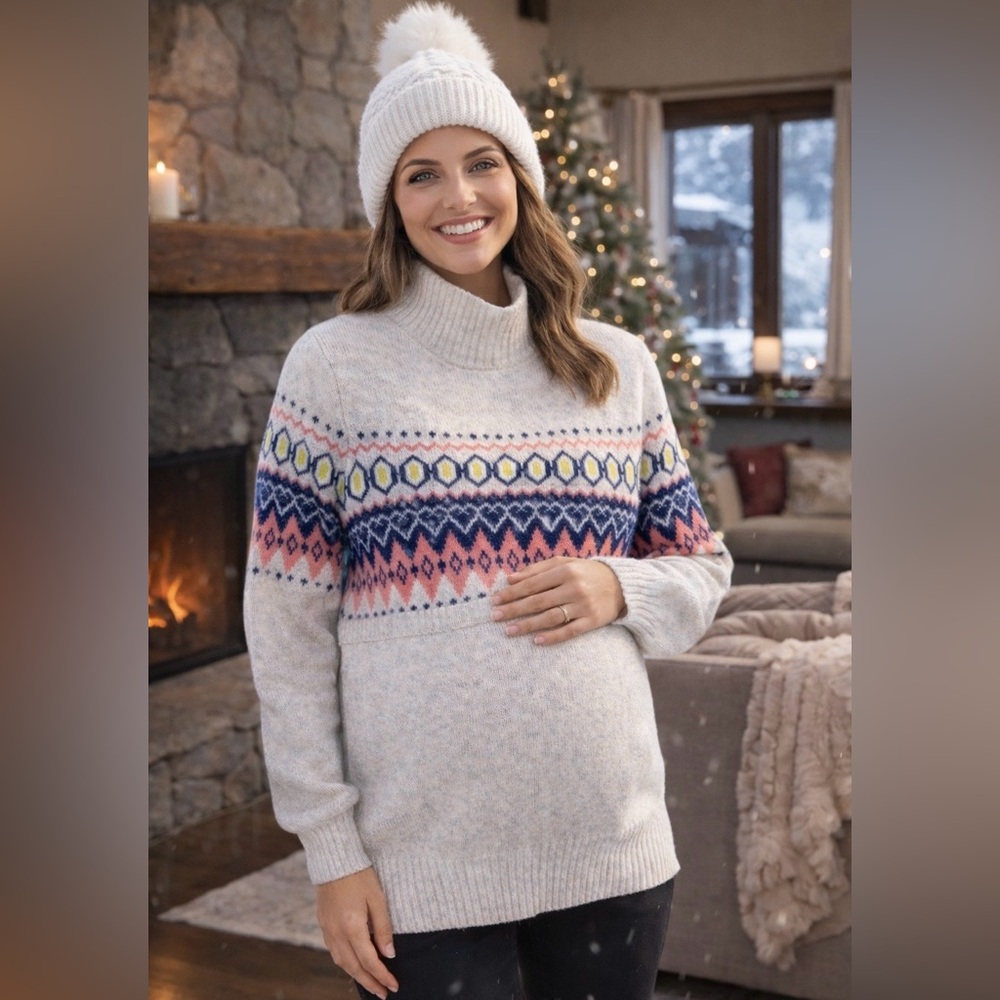 Seraphine Grey Fair‎ Isle Mockneck Wool Blend Sweater Maternity Cozy